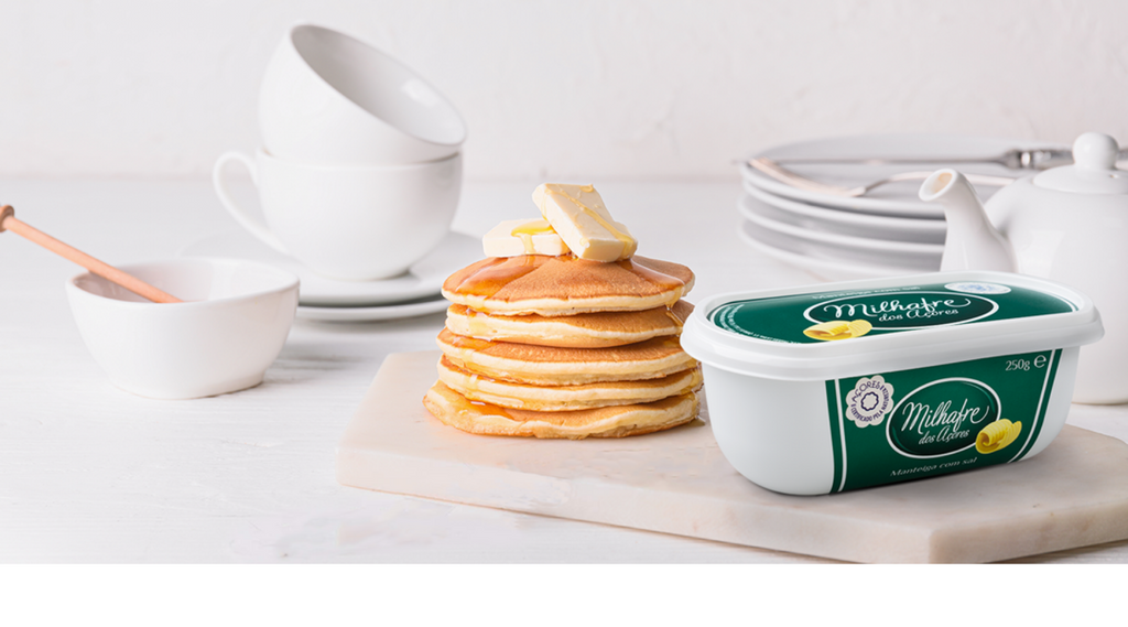 Stack of pancakes with Milhafre Portuguese butter