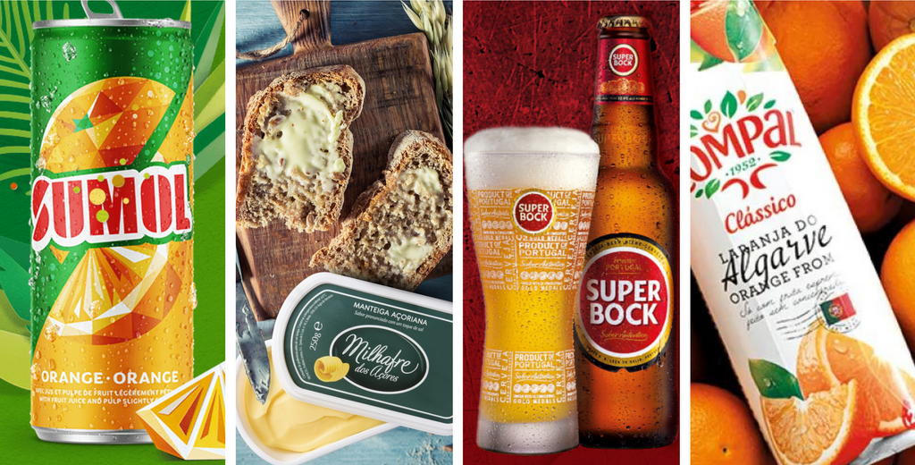 Sumol can in Orange flavor, bread with butter, Super Bock beer bottle and Compal classico