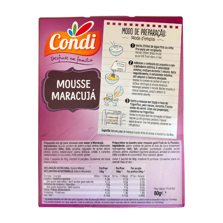 Back of packaging for Condi mousse de maracujá